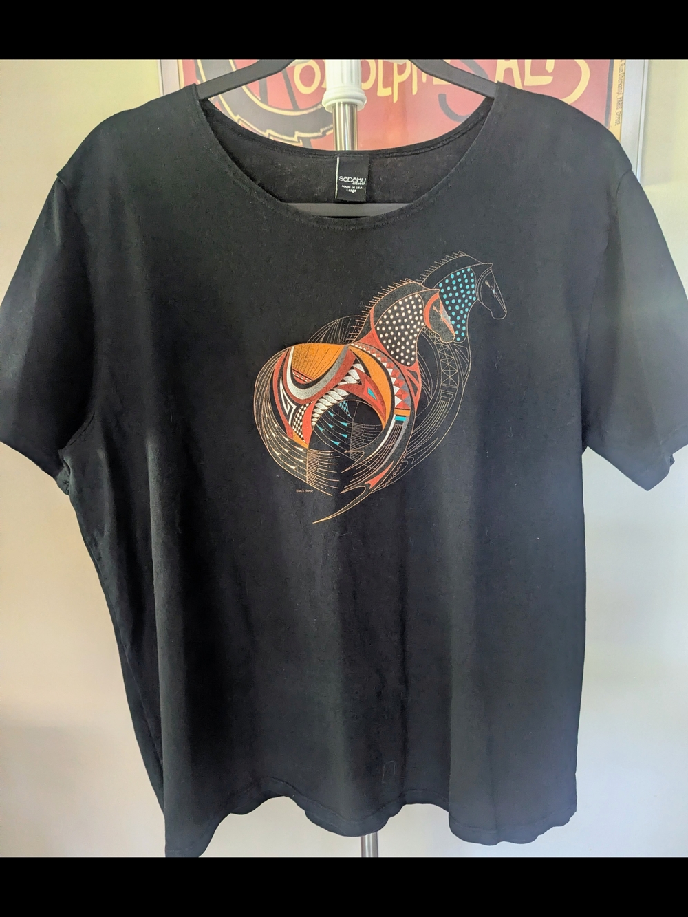 Sabaku Artwear Black Horse Tribal Top Graphic Tee Cotton Size L $25 Artisan